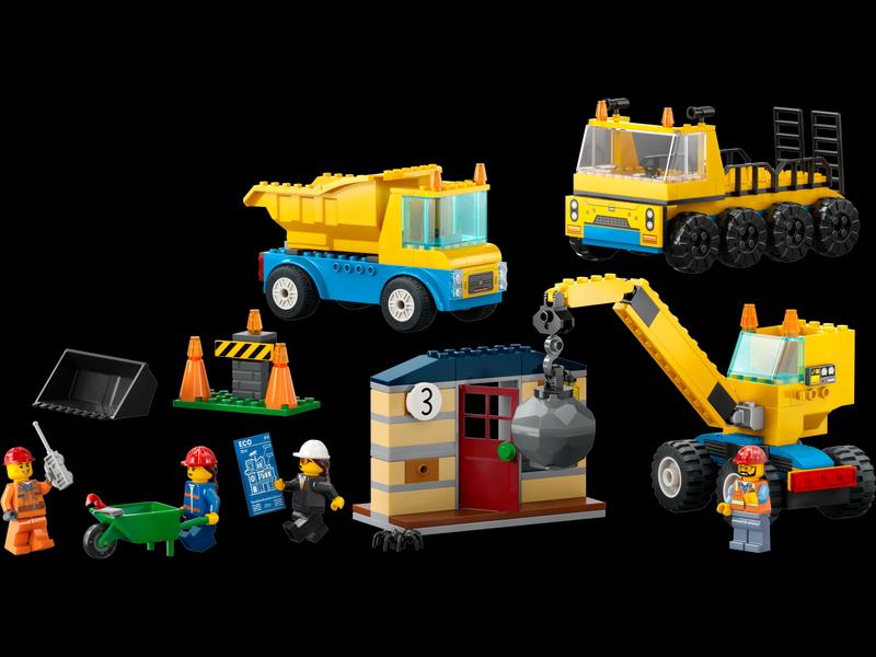 Construction Trucks and Wrecking Ball Crane